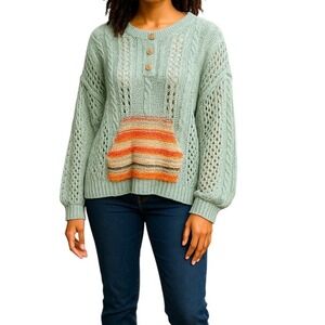 POL Women's Small Knit Open Weave Pullover‎ Sweater Colorful Pocket Boho
